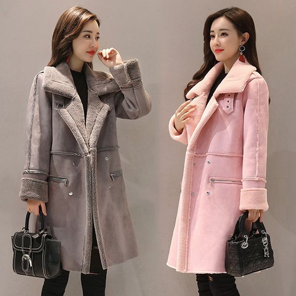 

female thick coats double breasted faux leather jackets winter long suede jacket faux lambs wool women outerwear, Black