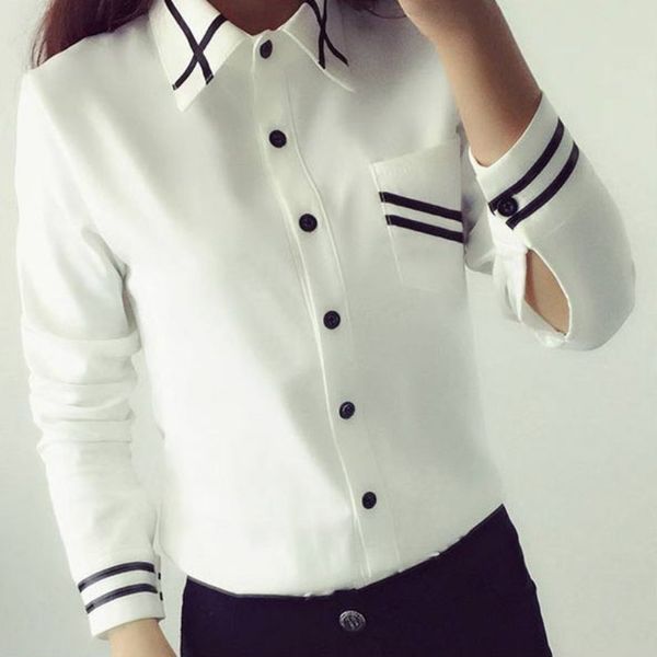 

new office button elegant chiffon women's blouse striped long sleeve turn down collar slim shirt women summer cotton blusa, White