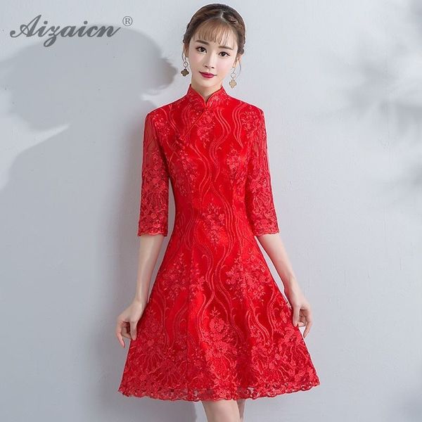 

red embroidery cheongsam short skirt qi pao women chinese wedding dress qipao promotion orientale bride marry vintage gown