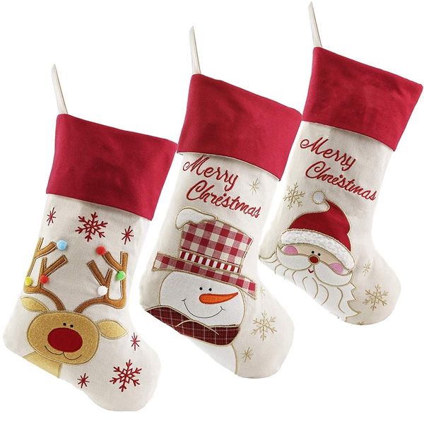 

lovely christmas stockings set of 3 santa, snowman, reindeer, xmas character 3d plush linen hanging tag knit border christmas decorations