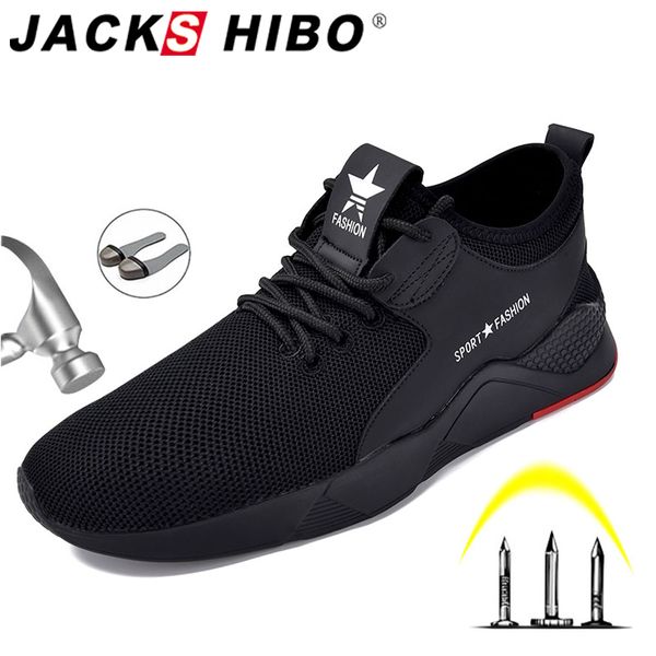 

jackshibo safety shoes boots for men steel toe cap anti-smashing work shoes male construction safety work breathable sneakers, Black