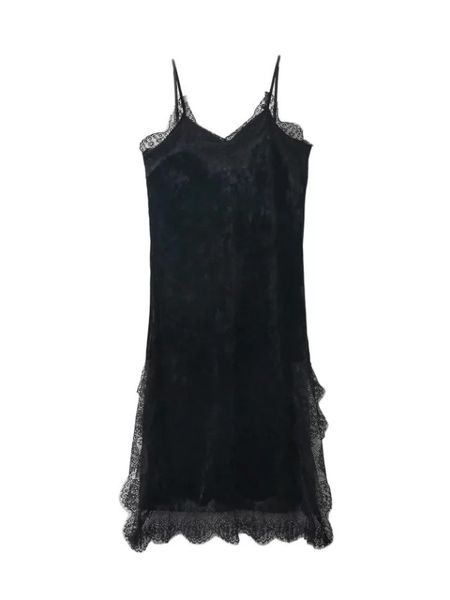 

bella philosophy women lace patchwork spaghetti strap velvet dress v neck club dress, Black;gray