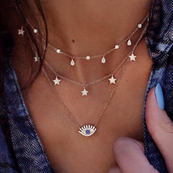 

fashion long chain water drop five-pointed star zircon eye blue rhinestone multi-layer necklace summer, Silver