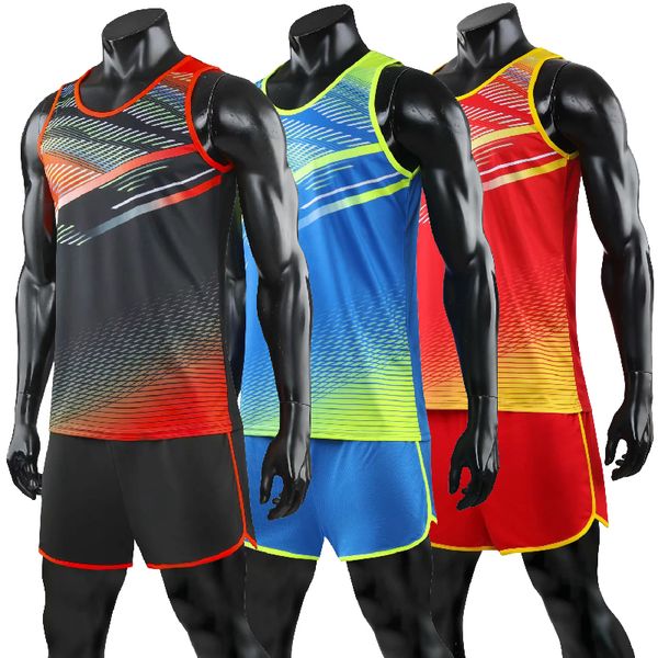 

men women running sets men 2 pieces vest+shorts competition running sets track and field sportswear jogging marathon clothes, Black;blue