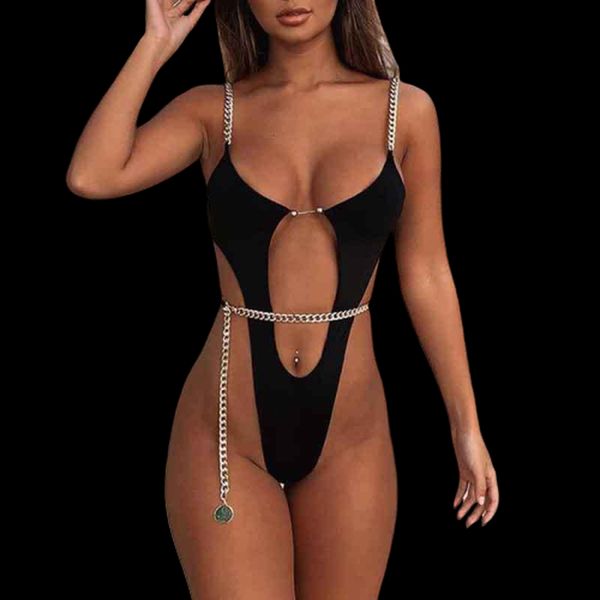 

metal chain high leg cut swimsuit one piece swimwear women female monokini swimming suit girls bathing suits bikini, White;black