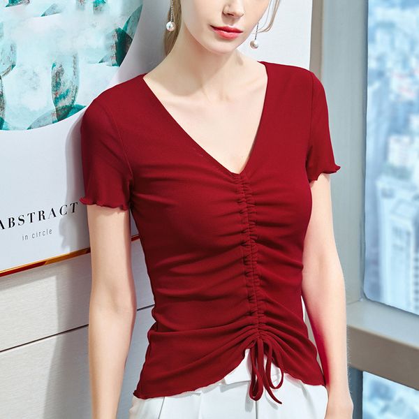 

Short-sleeved t-shirt women's fashion mesh summer 2020 new sexy v-neck T-shirt cherries red drawstring women's tops Size S-2XL