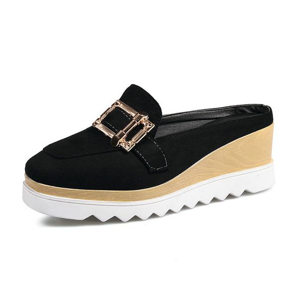 

size 33-43 female flock square toes slippers women buckle outdoor shoes girls plus size wedges shoes woman leisure dress shoe, Black
