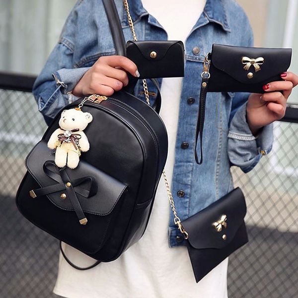 

women backpack 2019 four sets small backpacks for teenage girls female pu leather school shoulder bag mochila mujer black