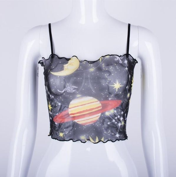 

new women's digital printed wood ear short strap vest, White