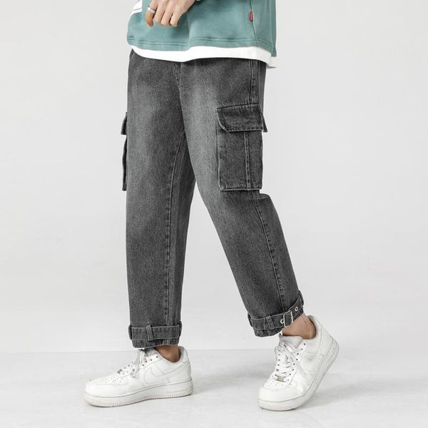 

drawstring straight jeans men's fashion washed retro multi-pocket tooling jeans men streetwear loose hip hop denim pants -5xl, Blue