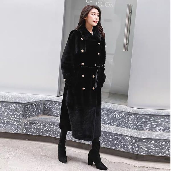 

real merino sheep fur coat women winter luxury long style 2019 new fashion coat oversize, Black