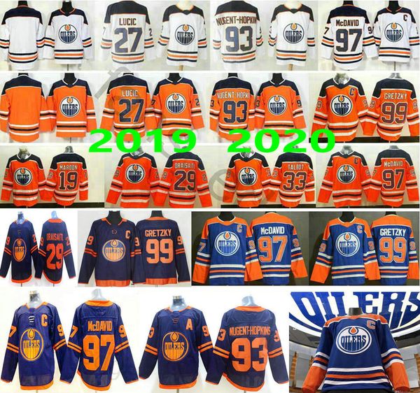 

2020 new third edmonton oilers #29 leon draisaitl 93 ryan nugent-hopkins 99 wayne gretzky 97 mcdavid man woman kids ice hockey jerseys, Black;red