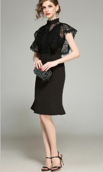 

water-soluble embroidered lace ruffled shoulders stitching slim bag temple dress female, Black;gray