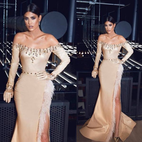 

champagne evening dresses off the shoulder high side split feather mermaid prom dress custom made long sleeve formal party gowns, Black;red