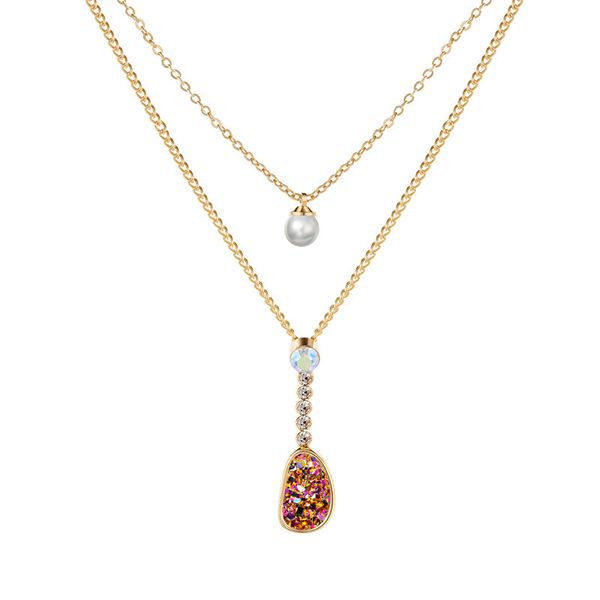 

6 colors druzy drusy natural stone necklace with gold color water drop shaped double layer pendant necklace for women party gift, Golden;silver