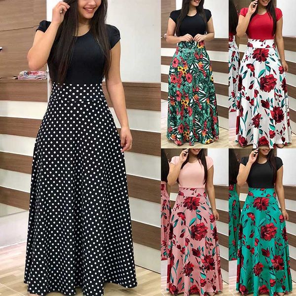 

women print dress round neck short sleeves slim fit casual dress for summer ik88, Black