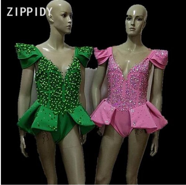 

fashion green pink glisten rhinestones mesh bodysuit women's birthday party celebrate costume nightclub singer show clothes, Black;red