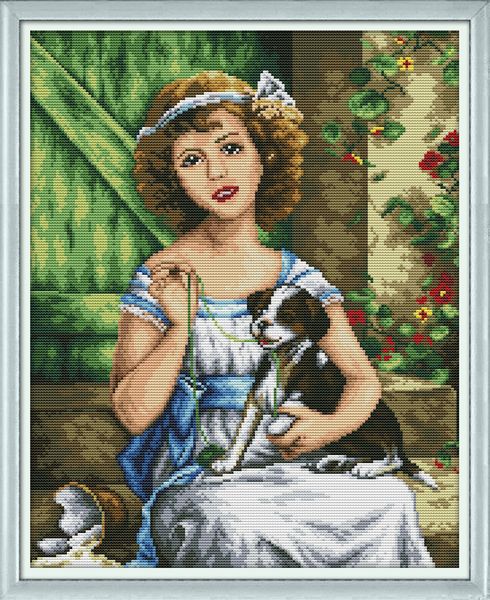 Misture 2 em 1 menina com kit dog ponto cruz, kits Handmade Cross Stitch bordado Needlework contados impressão sobre tela DMC 14 ct / 11CT