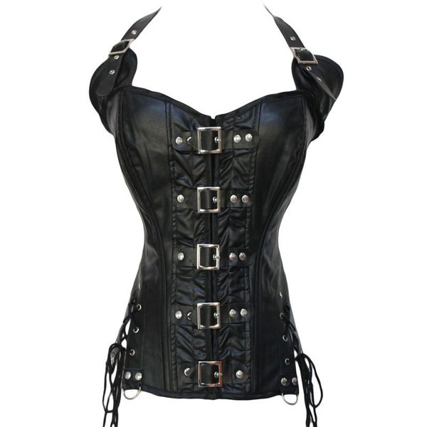 

women steampunk leather corsets lingerie clubwear gothic buckles halterneck pu leather black bustier corsets with buckles and studds, Black;white