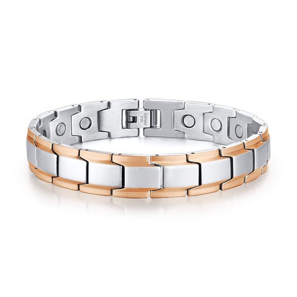

other bracelets mens bio-magnetic energy therapy bracelet two-toned silver and rose golden stainless steel chain health jewelry, Golden;silver