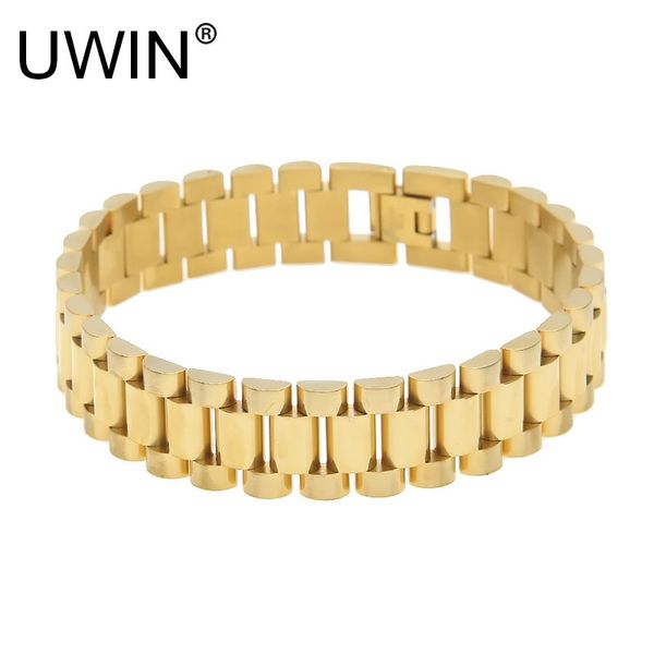 

uwin men stainless steel hip hop style bracelet 24k gold silver watch band bracelet link fashion punk jewelry 15mm 21mm, Golden;silver