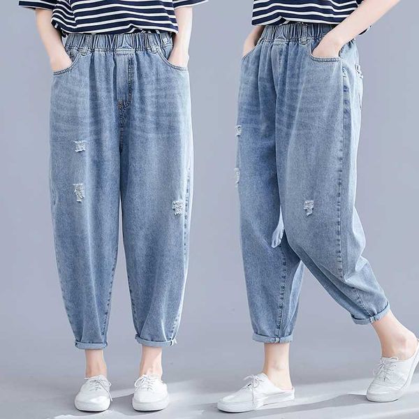 

women's jeans large size clothing 2021 summer korean loose female casual wild elastic waist nine points pants z427, Blue