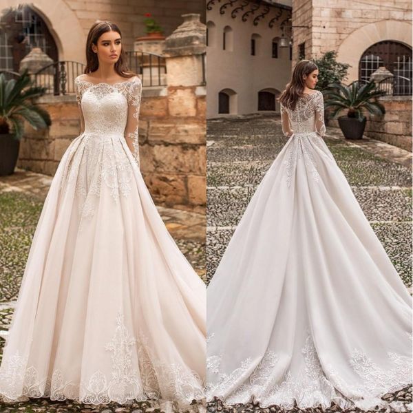 

2019 vintage lace wedding dresses bateau neck appliqued long sleeves bridal gowns sweep train plus size vestido de novia