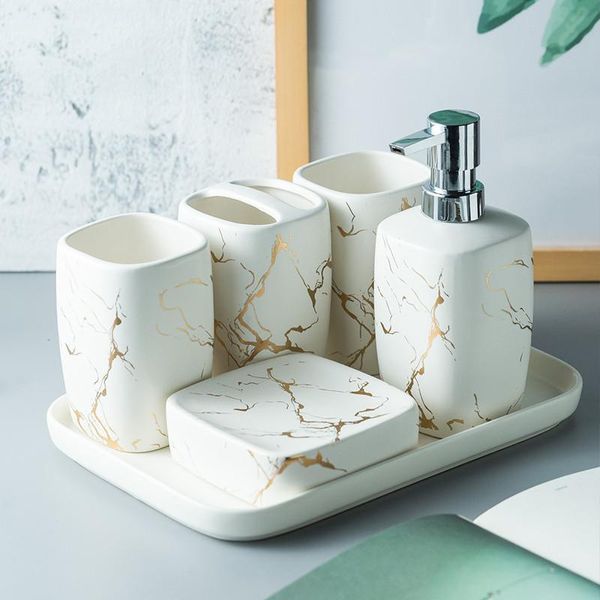 Set di accessori per il bagno in ceramica smerigliata in marmo dorato Dispenser di sapone / Portaspazzolino / Bicchiere / Vassoio portasapone Forniture per il bagno