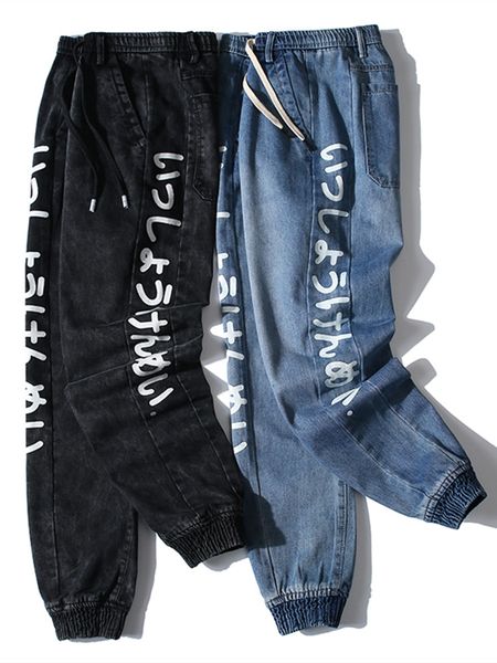 

el barco denim cotton letter print skinny jeans men black blue hip hop streetwear pencil pants casual pockets soft male trousers