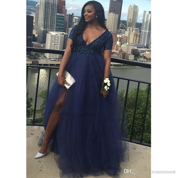 

african black girls prom dress navy blue split long formal pageant holidays wear graduation evening party gown plus size2277, Black;red
