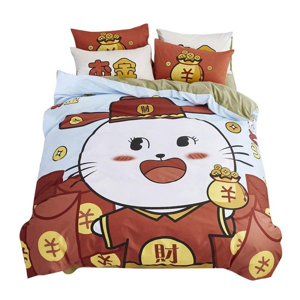 

rich red cat cartoon duvet cover set flat fitted sheet cotton bedlinens hypoallergenic twin  size bedding set