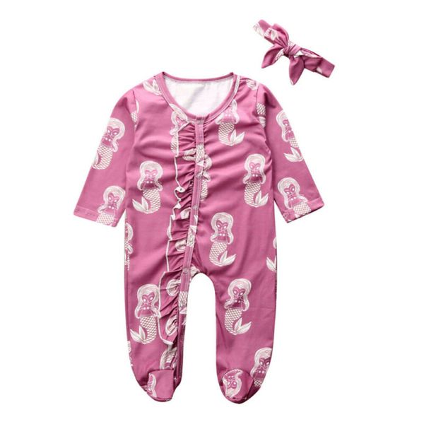 

infant baby girl clothes mermaid print ruffle romper jumpsuit+headband outfit /by, Blue