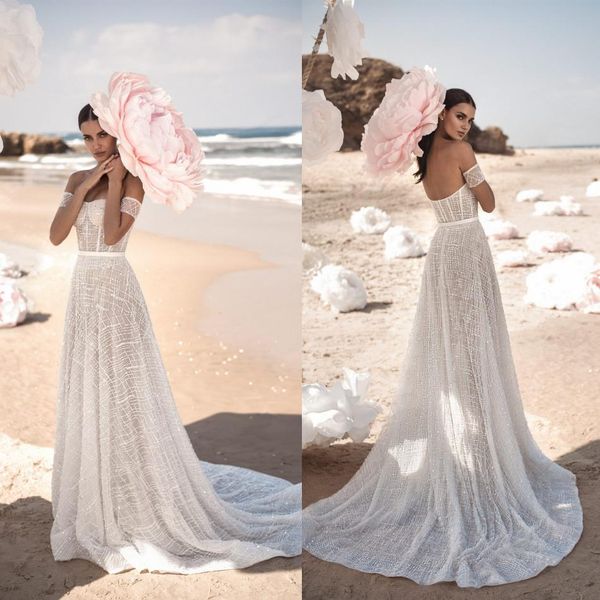 

bohemian a line modest wedding dresses tulle lace crystal sequins formal dress backless off shoulder sleeveless sweep train bridal gowns, White