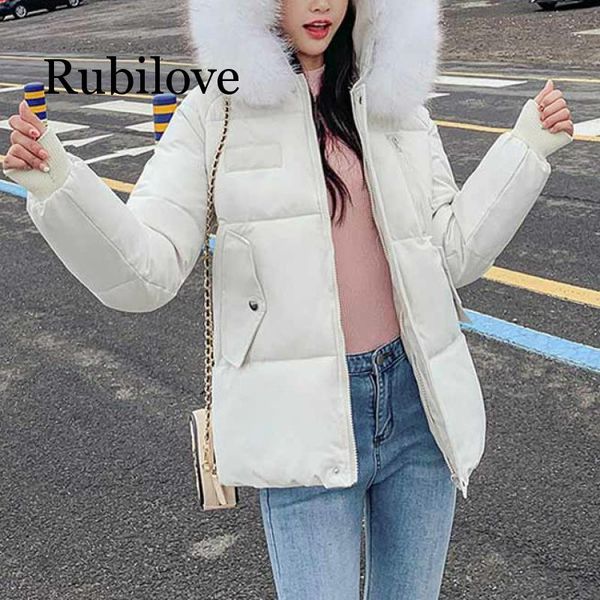 

rubilove зимы женщин корейский белый parka с меховым воротником с капюшоном утепленная пальто плюс размер женская теплая одежда верхняя одеж, Black