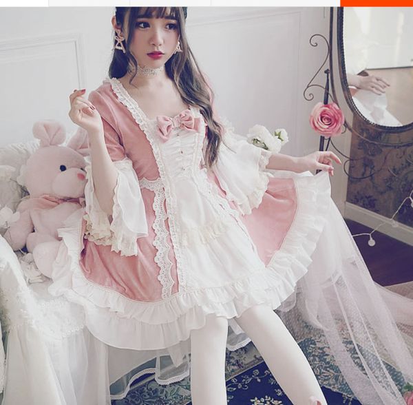 

lolita sweet princess dress lolita lace japanese princess dress soft sister op velvet, Black;red