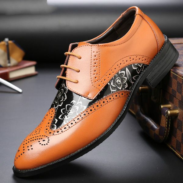 

men's fashion business artificial leather pointed toe dress brogues shoes men lace up luxury oxfords shoes, Black