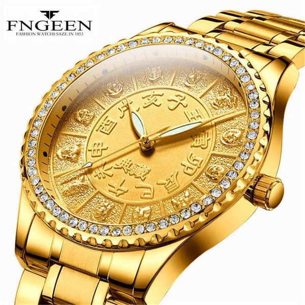 

luxury fngeen men watch oriental mystery male watches gold stainless steel diamond clock waterproof quartz wristwatches, Slivery;brown