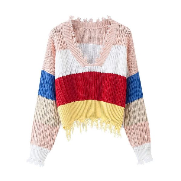 

women's sweater new long-sleeved v-neck multicolor striped irregular autumn winter fashion casual loose comfortable jumperÂ #s, White;black