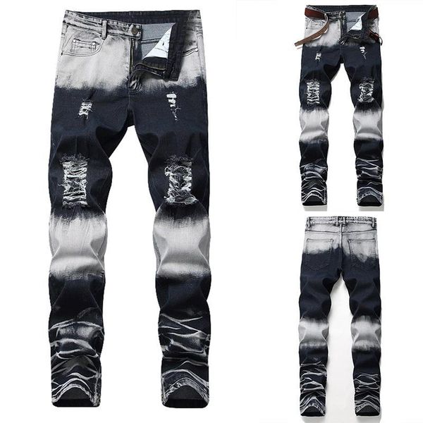 

mens jeans fashion casual style pants large size retro patchwork hole male ripped jeans pants asian size, Blue