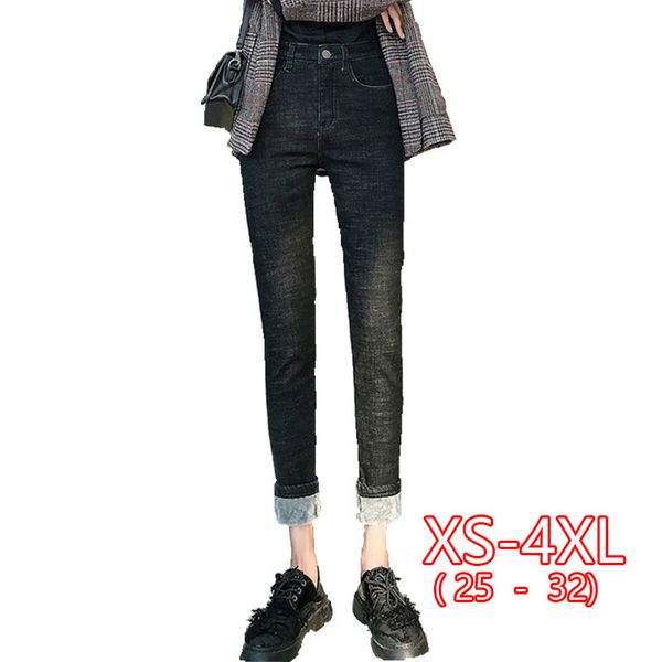 

korean jeans women plus size winter warm jeans pants high waist solid skinny fleeces thick pencil pants denim trousers, Blue