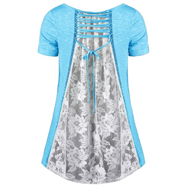 

summer sweet v-neck short sleeves hollow adjustable lace up back panelled lace loose a-line pullover t-shirt for women, White