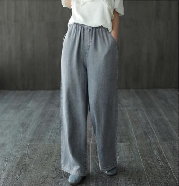 

summer jeans fashion women retro loose all-match denim pants new female elastic waist pocket long denim trousers 2020, Blue