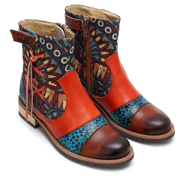 

2019 print ankle boots women autumn winter zipper embroidery botas mujer ethnic leather ankle shoes woman flats plus size, Black