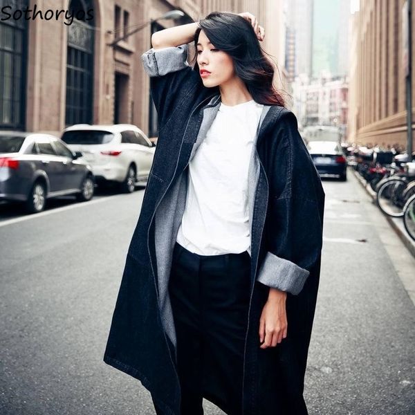 

trench women hooded solid denim loose medium long trendy leisure korean style retro streetwear couples coats bf oversize ulzzang, Tan;black
