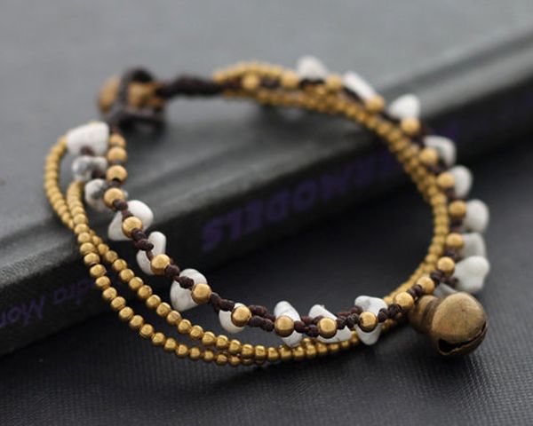 

100% handmade wholesale copper metal new brass bell white howlite marble stone fitness gravel stone bracelet 5pcs/lot, Golden;silver