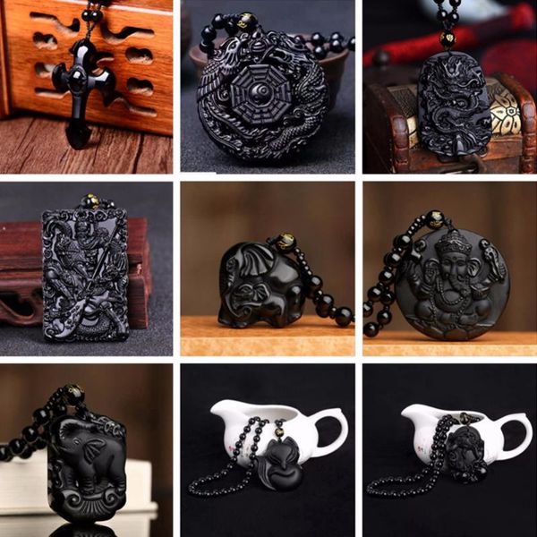 

natural obsidian necklace pendant chinese handmade reiki jewelry black carved amulet lucky fashion jewelry for women men gift a, Silver