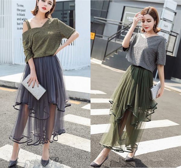 

2019 3 layers women fashion asymmetric length tulle skirt tutu dress prom princess ballet dress ribbon edge party dance wears cpa978, Black