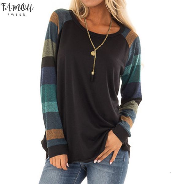 

2020 female t shirt women stripe patchwork casual shirt tees feminino long sleeve o neck autumn clothes chemise femme, White