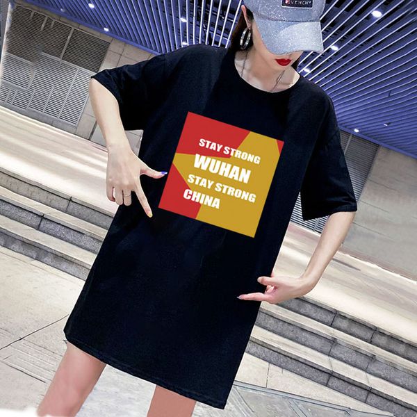 

2020 plus size women clothing ladies short sleeve dress summer dress stay strong wuhan china print dress -4xl, Black;gray
