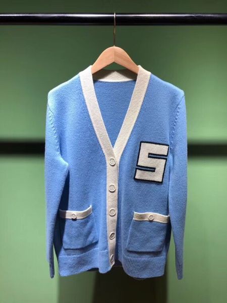 

2020 spring new v neck letter embroidery women casual blue cardigans coat, White